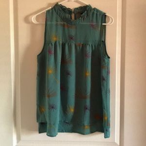 Sheer turquoise sleeveless blouse with pattern